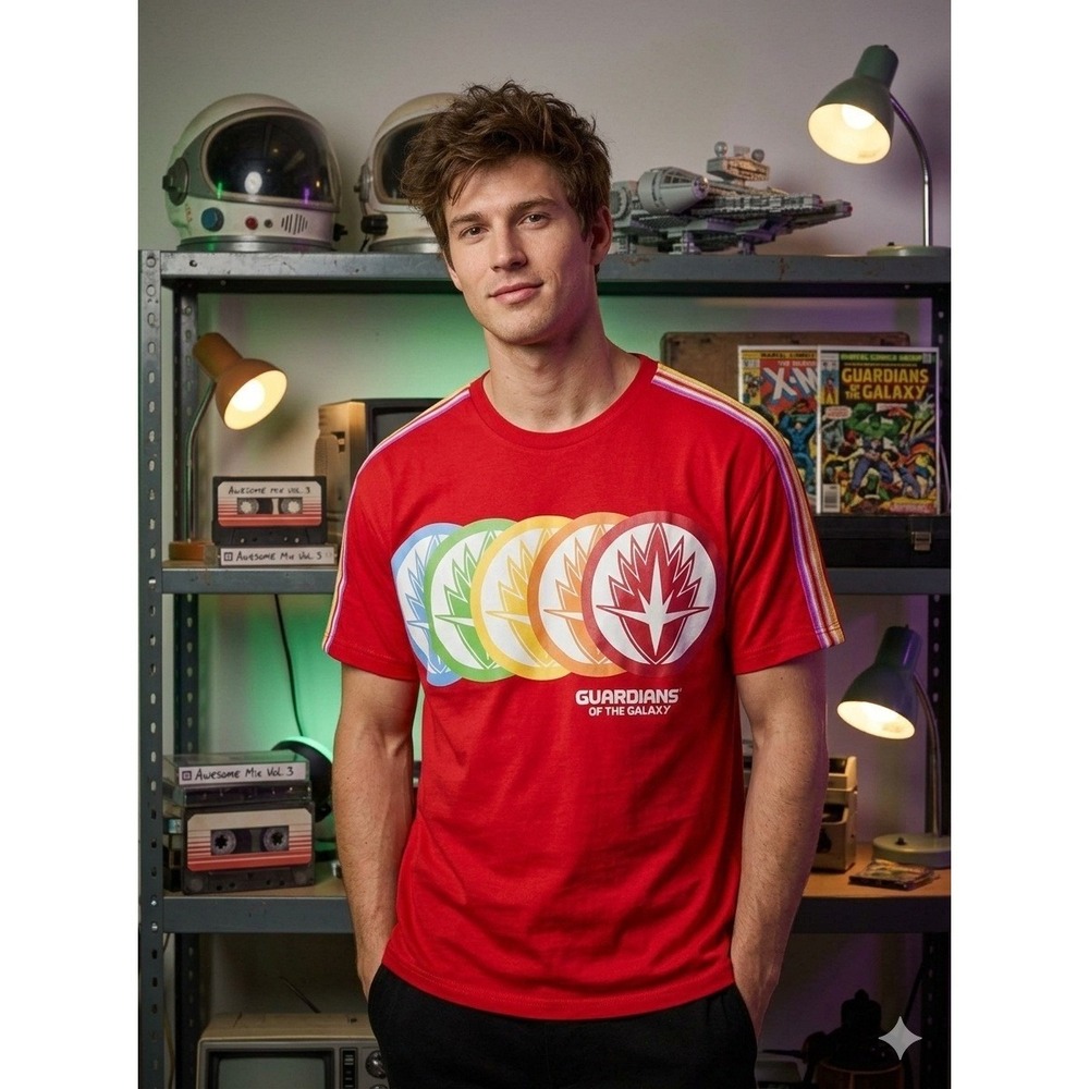 Marvel 1X Guardians of the Galaxy Red Graphic T-Shirt Rainbow Stripe‎ Unisex NWT